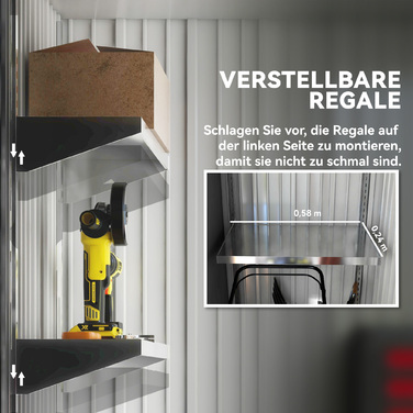 Гараж для саду, садова комора для інструментів з хвильового металу, з панелями стін, регульовані полиці, замикаюче двері, сірий