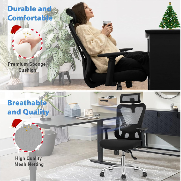 Ергономічне крісло для офісу з підголівником та підтримкою попереку, регульовані підлокітники та висота, поворотне крісло з регулюванням нахилу 90°-130° (фіксація), вантажопідйомність до 150 кг