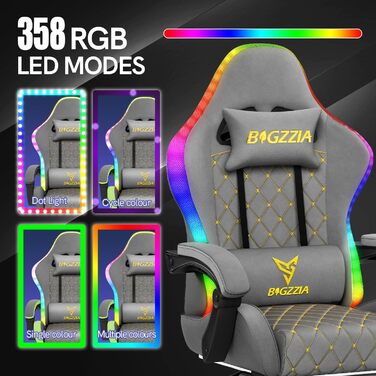 Ігровий крісло Bigzzia з RGB LED підсвічуванням - ергономічне геймерське крісло з підтримкою попереку та підніжкою, регульоване та поворотне, з PU-шкіри, 150 кг, сірий