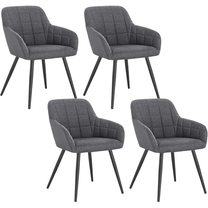 Крісла для обідньої кімнати WOLTU - 4 шт. в наборі, сучасний дизайн, з підлокітниками, з м'яким сидінням з льону, металевий каркас, темно-сірий колір