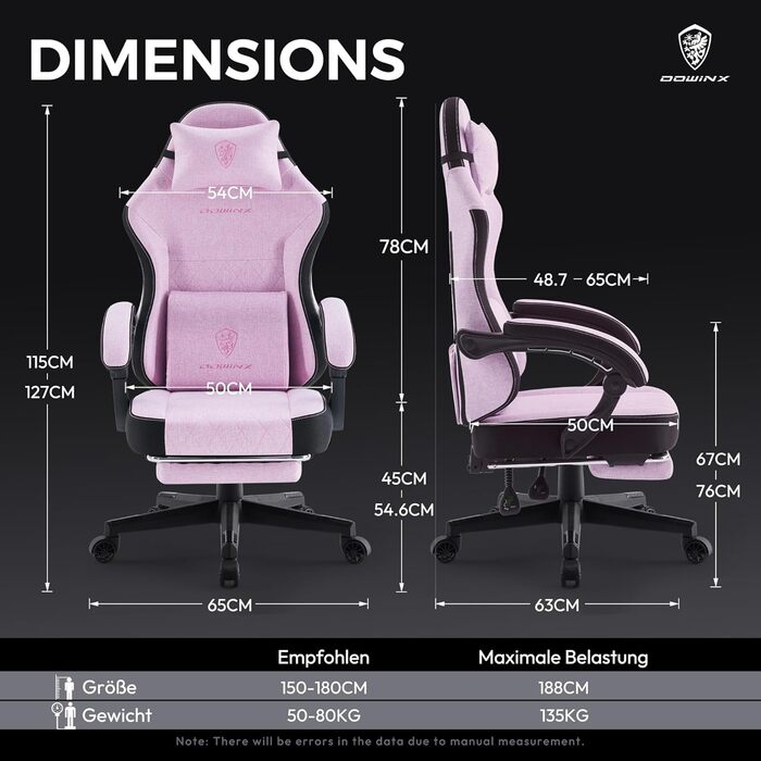 Ігровий крісло Dowinx з тканини, з пружинним сидінням та масажем попереку, офісне крісло з підніжкою для дорослих, ергономічне, велике та високе, 135 кг, рожеве