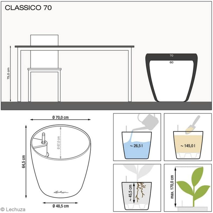 Горщик Lechuza Classico Premium 21 LS Комплект, Білий (70x70x64.5 см, Тауп Глянцевий, Однотонний)