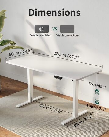 FEZIBO Стол письмовий регульований по висоті, 120 x 60 см, білий, з USB-портами