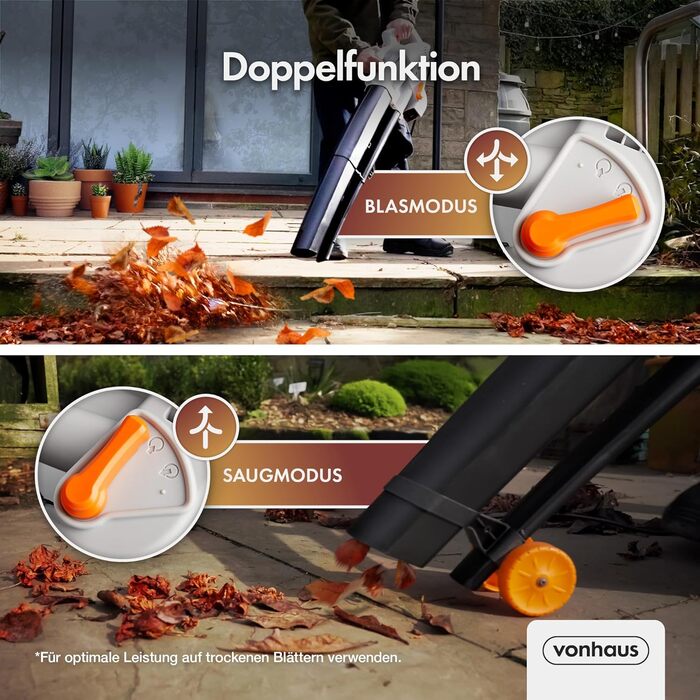 Електричний садовий пилосос-набір VonHaus 3000W: пилосос, дмухач, мульчер. Для саду, тераси, під'їзної дороги. З мішком 35л, плечовим ременем. Модель 8100089