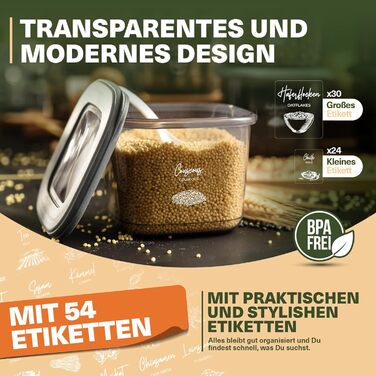 Набір контейнерів для зберігання продуктів 18 шт. – включає 2,0L контейнер для спагеті, 6 банок для спецій з дозувальними кришками, стекові контейнери з кришками, герметичні, без BPA, 52 етикетки (набір 12 шт.) + 6 дозатори спецій (набір 42 шт., сірий)