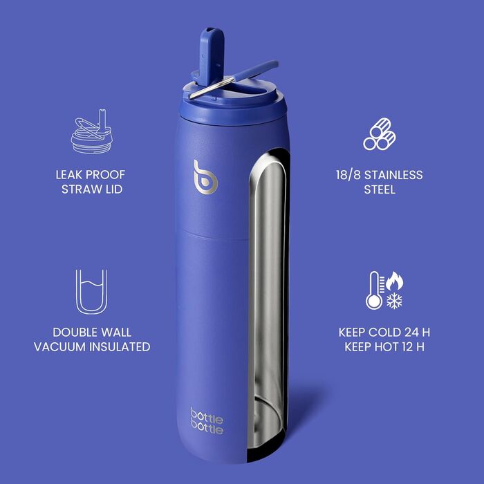ПЛЯШКА ПЛЯШКА Пляшка для води з нержавіючої сталі з соломинкою та кришкою, пляшка для води з вакуумною ізоляцією, зберігає холод протягом 24 годин, гаряча протягом 12 годин, герметична пляшка для води з широким горлом, зелена (фіолетова/синя)