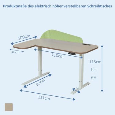 Електричний кутовий стіл з регулюванням висоти 150 см, L-подібний, з 4-ма пам'ятями, з'єднувальною панеллю, для дому та офісу (150x68 см, світло-коричневий/зелений)