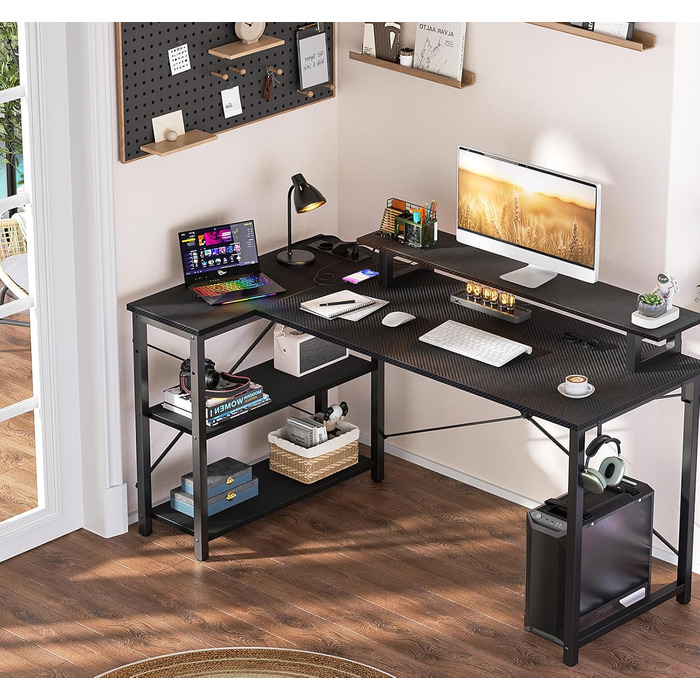 Кутовий ігровий стіл з LED-підсвічуванням та розетками, комп'ютерний стіл з полицями, обертовий кутовий стіл з підставкою для монітора, 120 x 70 см, ДСП, колір: сіра береза (карбон, чорний)