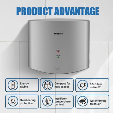 Anydry 2630S - Компактний електричний сушар для рук, автоматичний, для стін, комерційного та приватного використання. Потужність 1400-1650W (Сріблястий)