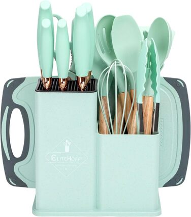 Набір кухонних ножів EliteHoff 19 предметів: 5 ножів, 12 аксесуарів, дошка та підставка – з дерев'яними ручками, безпечний, можна мити в посудомийній машині, чорний (E-6074)