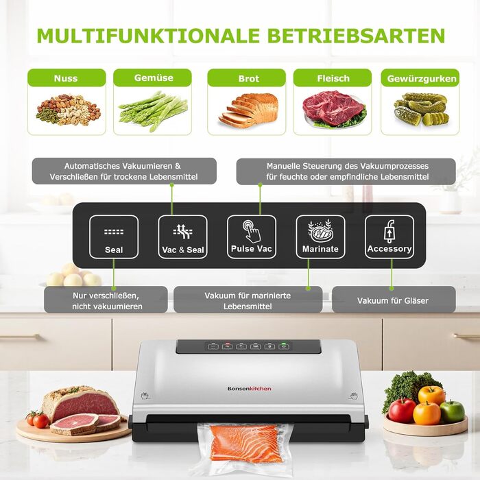 Вакууматор Bonsenkitchen для продуктів, потужний вакуумний пакувальник з 5 режимами, 8 л/хв, технологія Globefish, чорний (комплект: 5 пакетів та 1 рулон)