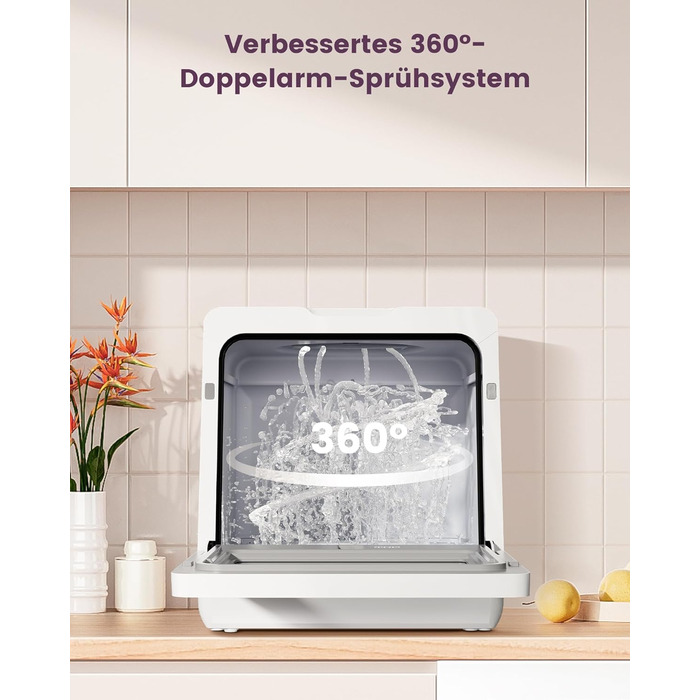 Посудомийна машина HAVA для столу з пом'якшувачем води та підвищеною енергоефективністю, 8 програм миття, блокування від дітей та відкладений старт, не потребує встановлення - ніжний лавандовий колір, TDJR09