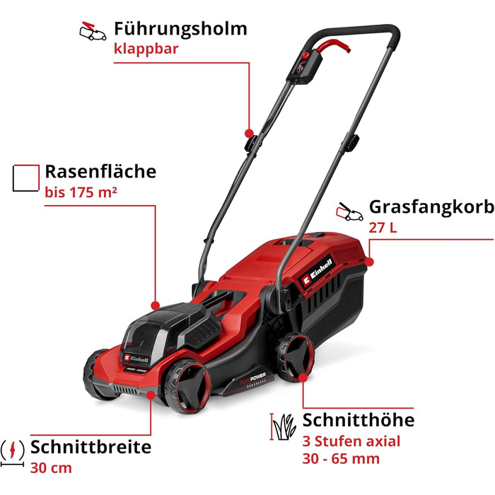 Акумуляторний газонокосарка Einhell City GE-CM 18/30 Li Kit Power X-Change (18 В, ширина косіння 30 см, до 150 м², Brushless, кошик 25 л, висота косіння 30-70 мм, з акумулятором 3.0 Ah + зарядним пристроєм)