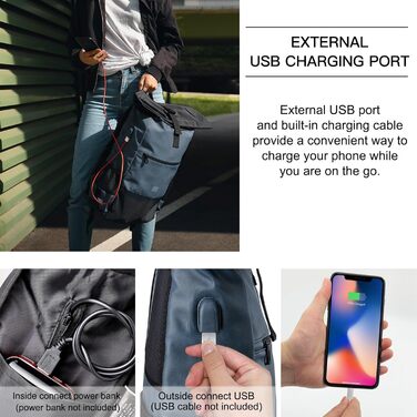 Рюкзак для ноутбука EverVanz Rolltop - шкіра та поліестер, USB-порт для зарядки, 17 дюймів, водовідштовхувальний (синій)