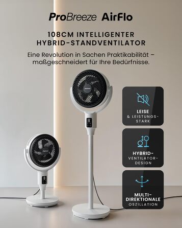 Вентилятор Pro Breeze AirFlo Standventilator: тихий, з пульт, LED-дисплей, 109 см, 2 режими, осциляція, 29 дБ, регулювання висоти, для дому, офісу, спальні, AirFlo WLAN