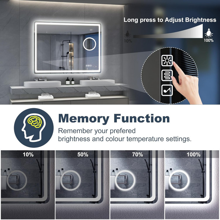 Дзеркало для ванної кімнати S'bagno Bluetooth з підсвічуванням 100x70 см, LED, антизапар, диммер, Bluetooth, HD скло, IP44, горизонтальне/вертикальне