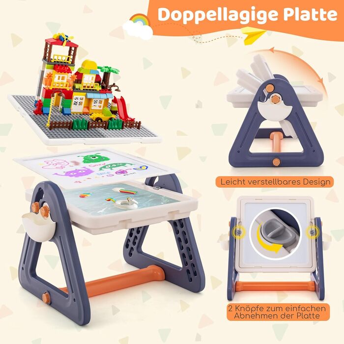 Дитячий стіл-трансформер DREAMADE 6-в-1 з місцем для сидіння, дошками для малювання/конструктора та ящиком для іграшок, 102 деталі, для дітей від 3 років (Модель 2)