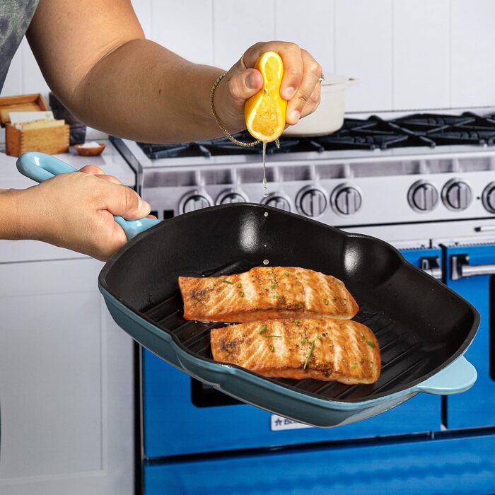 Квадратна сковорода для гриля Country Living з емальованого чавуну, антипригарне покриття, виливний носик, посуд для кухні та вулиці, блакитна, 28 см