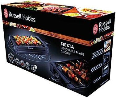Рашет гриль Russell Hobbs на 8 персон з 8 сковородами та дерев'яним шпателем, 2 грильні пластини: з натурального каменю з жолобом для соку та антипригарне двостороннє рельєфне/тепаньякі, гриль для піци, 26280-56 (настільний гриль)