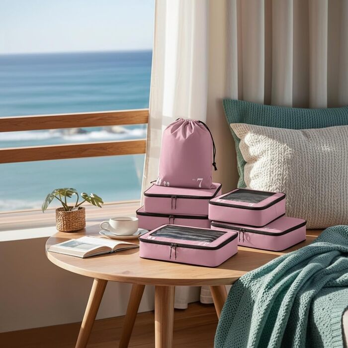 Набір органайзерів для подорожей ECOHUB (7 шт), дорожні компресійні сумки з переробленого PET, рожеві