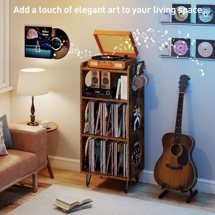 Стійка для програвача 4 яруси, вінтажний приліжний столик, полиця для програвача з місцем для зберігання платівок, дерев'яний стійкий для платівок, уміщує 300+ альбомів, для вітальні, спальні, офісу, коричневий