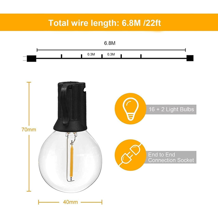 Зовнішні струнні ліхтарі Qxmcov з 29 глобусними лампами G40, стійкі до погодних умов для саду, балкона, патіо (6.8 м)