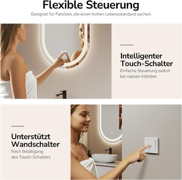 Дзеркало для ванної кімнати EMKE з підсвічуванням 50x90 см, овальне, з сенсорним перемикачем, 3 кольори світла, регулювання яскравості, антизапарник, функція пам'яті, автоматичне вимкнення через 3 години