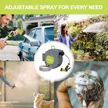 DEWINNER Тромбель для садового шланга 20+2 м, автоматичний, настінний, з ручною пістолетом, 7 функцій, для великих садів