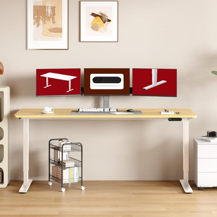 Електричний стіл SANODESK 200x80 см, регульований по висоті, 2 мотори, з пам'яттю, колір білий+ахорн, для роботи стоячи та сидячи