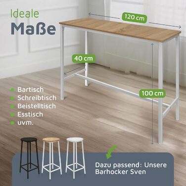 Барний стіл BeFair з дуба та білого кольору, 120x40x100 см, індустріальний стиль, з підніжкою