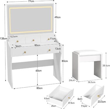 Трюмо COMHOMA з підсвічуванням, дзеркалом та прихованою LED-смугою, зі стільцем та 5 висувними ящиками, з розеткою, 3 колірні температури та регульована яскравість, білий