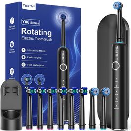Електрична зубна щітка ротаційного типу для дорослих та дітей з 8 насадок, зарядний станція з кріпленням на стіну, 5 режимів чищення та дорожній футляр, 60 днів роботи від акумулятора, чорний