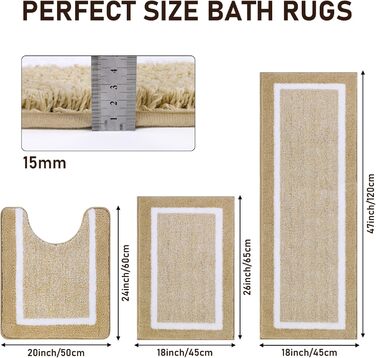 Набір килимків для ванної кімнати Pauwer: м'який килимок з високим ворсом, килимок для душу, килимок для туалету, машинне прання, антиковзаючі, (бежевий, 45 x 65 + 45 x 120 + 50 x 60 см)