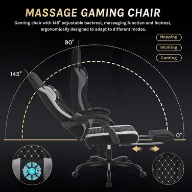 Ігровий крісло WOLTU з масажем, комп'ютерне ергономічне крісло, кишенькові пружинні подушки, поперекова масаж, підголовник, підніжка, поворотне крісло, 150 кг, Рожевий+Білий (Чорний+сірий, сітчаста тканина)