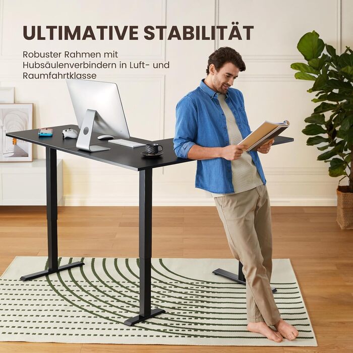 ЕрГер: Кутовий електричний стіл з регулюванням висоти, L-подібний, з індивідуальним мотором, 4-пам'ять, білий (160 x 140 см, чорний)