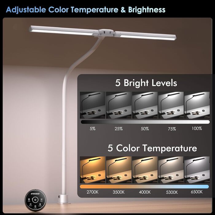 Світлодіодна лампа настільна для дітей з двома головками, захист очей, 16W, 72см, денне світло, з пультом, регулювання яскравості, гнушкий шийний механізм, матовий білий колір