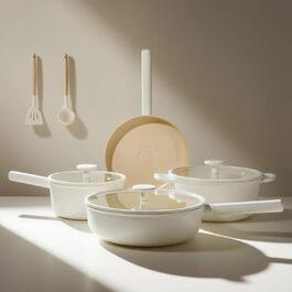 Набір посуду JEETEE 17 предметів з антипригарним покриттям Ceramic, знімні ручки. Плита 24/28см, глибока сковорода 28см, каструлі 16/20/24см. Підходить для всіх типів плит, можна використовувати в духовці.