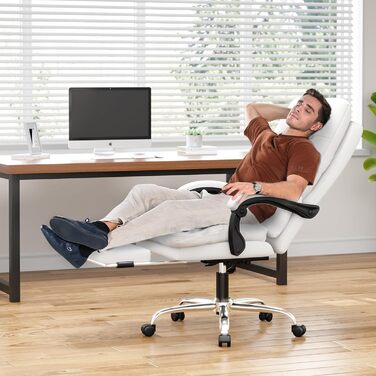 Ергономічне крісло для офісу Naspaluro з підніжкою, комп'ютерне крісло з двошаровою подушкою, високою спинкою, функцією відкидання, регулюванням висоти, з PU-шкіри, до 150 кг (Білий, Штучна шкіра)