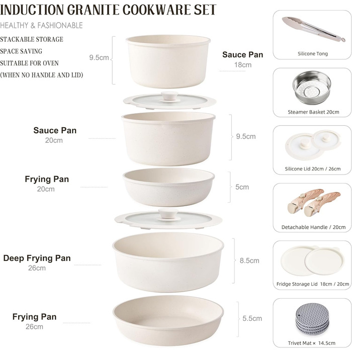 Набір каструль та сковорідок RIOVARM з індукційним дном та знімними ручками, антипригарне гранітне покриття, 16 предметів. Без PFOA.