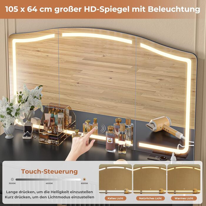 Великий туалетний столик AOGLLATI з великим дзеркалом та регульованою LED-підсвіткою. Косметичний столик з розетками, 3 висувними ящиками та 2 шафками. Сучасний туалетний столик для спальні (білий/чорний)