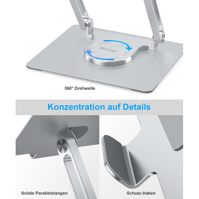 Підставка для ноутбука BoYata настільна, регульована, з поворотним основанням 360°, ергономічна, складана, сумісна з MacBook Pro/Air, до 17 дюймів - срібна