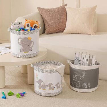 Набір кошиків для зберігання 3 шт. з плетіння, дитячі кошики для іграшок, білизни, складний органайзер для дитячої кімнати, для іграшок, одягу, м'яких іграшок, місткі та надійні кошики (Сірий слон)