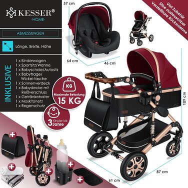 KESSER® Loops - Коляска 3в1 Комбінована з люлькою, прогулянковим блоком та автокріслом. Повний комплект з ванною для новонароджених, сумкою для пеленання, дощовиком та столиком. Чорний колір. Відповідає стандарту ECE R129.
