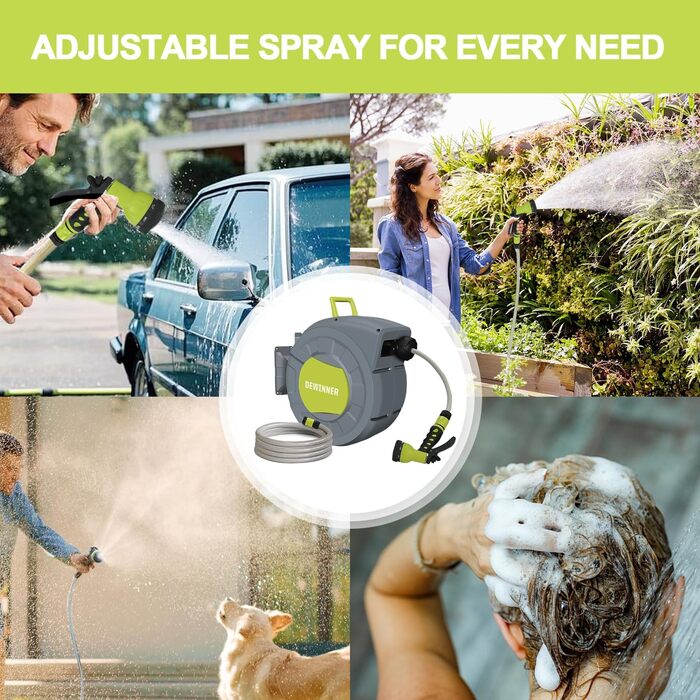 DEWINNER Тромбель для садового шланга 20+2 м, автоматичний, настінний, з ручною пістолетом, 7 функцій, для великих садів