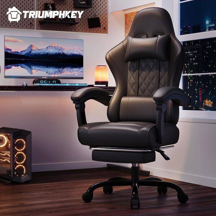 Ігровий стілець, офісний стілець з підставкою для ніг, ергономічний стілець, регульована спинка 90-135°, вантажопідйомність 150 кг, чорний