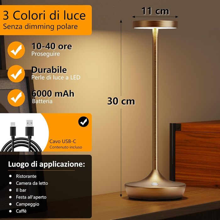 LED настільна лампа бездротова з димуванням, 3 кольори, 6000 mAh, IP54, для дому та кемпінгу (Титан)