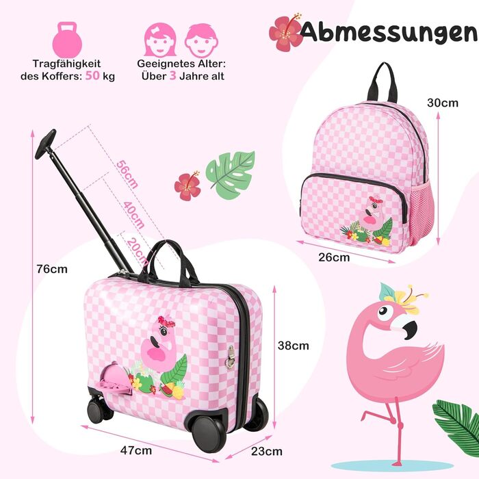 Дитяча валіза DREAMADE для сидіння, 2 шт. Дитяча валіза з рюкзаком 1812, дитячий багажний візок для подорожей, дорожній візок дитячий візок (рожевий фламінго)