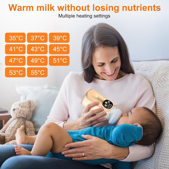 Підігрівач молока бездротовий з LED дисплеєм температури, 8000mAh, для дитячих пляшечок, в подорожах, 6 режимів, швидкий нагрів, USB-C зарядка, ізоляційний чохол для материнського молока, блакитний (жовтий)