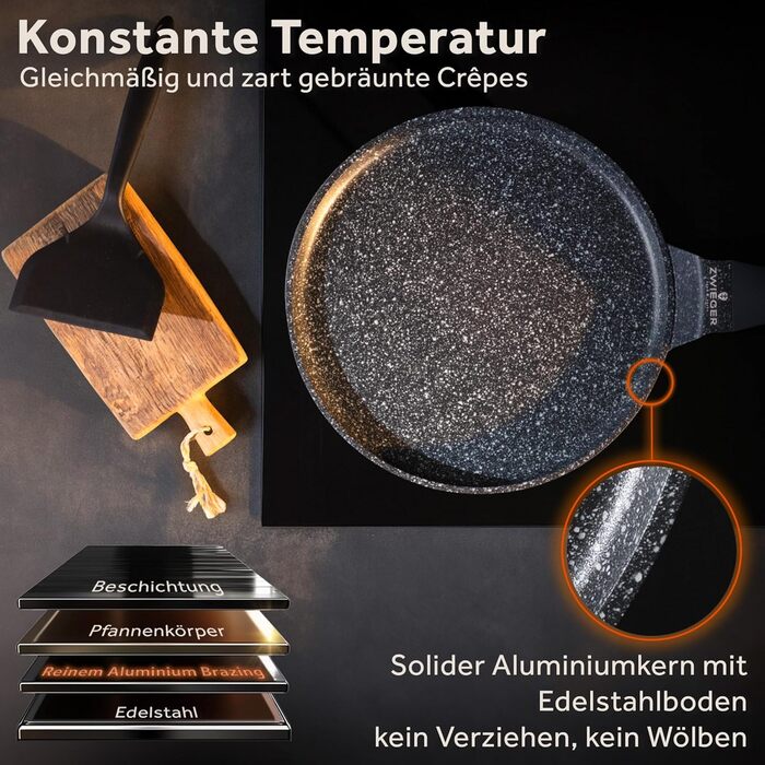 Сковорода для крепів ZWIEGER з дозатором тіста – антипригарна сковорода для панкейків Induktion 26 см, сковорода для панкейків, яку можна мити в посудомийній машині – з нержавіючою сталлю по всій поверхні, підходить для всіх типів плит – без PFOA та PFOS,