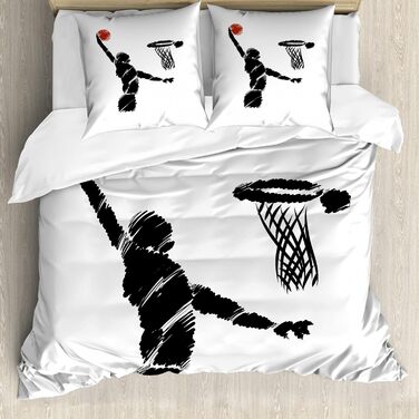 Молодіжний набір підковдр для односпальних ліжок, баскетболіст графічний, стійкий до кліща Allergy Friendly з наволочкою, (155 см x 200 см - 80 x 80 см, Cinnamon Black White)